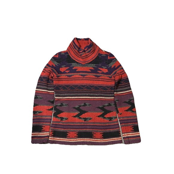Lauren‎ Ralph Lauren Women’s Red Black Purple Lambswool Aztec Sweater Mock Neck - Picture 1 of 5